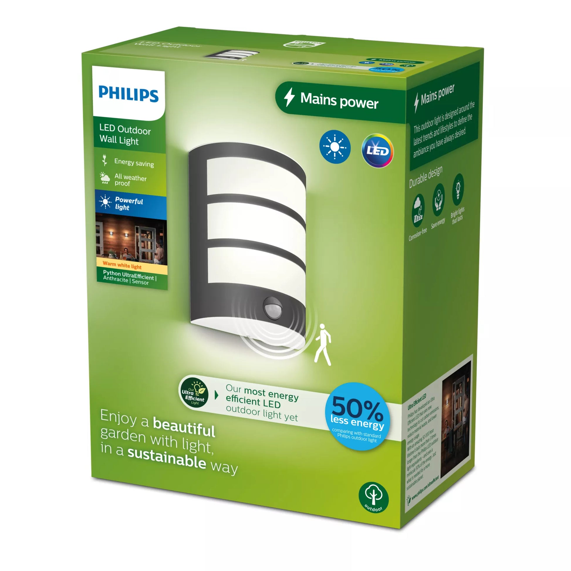 Philips by Signify Philips Aussenwandleuchte – IP44 – Netzbetrieb – mit Dämmerungs- und Bewegungsmelder – Anthrazit, Edelstahl