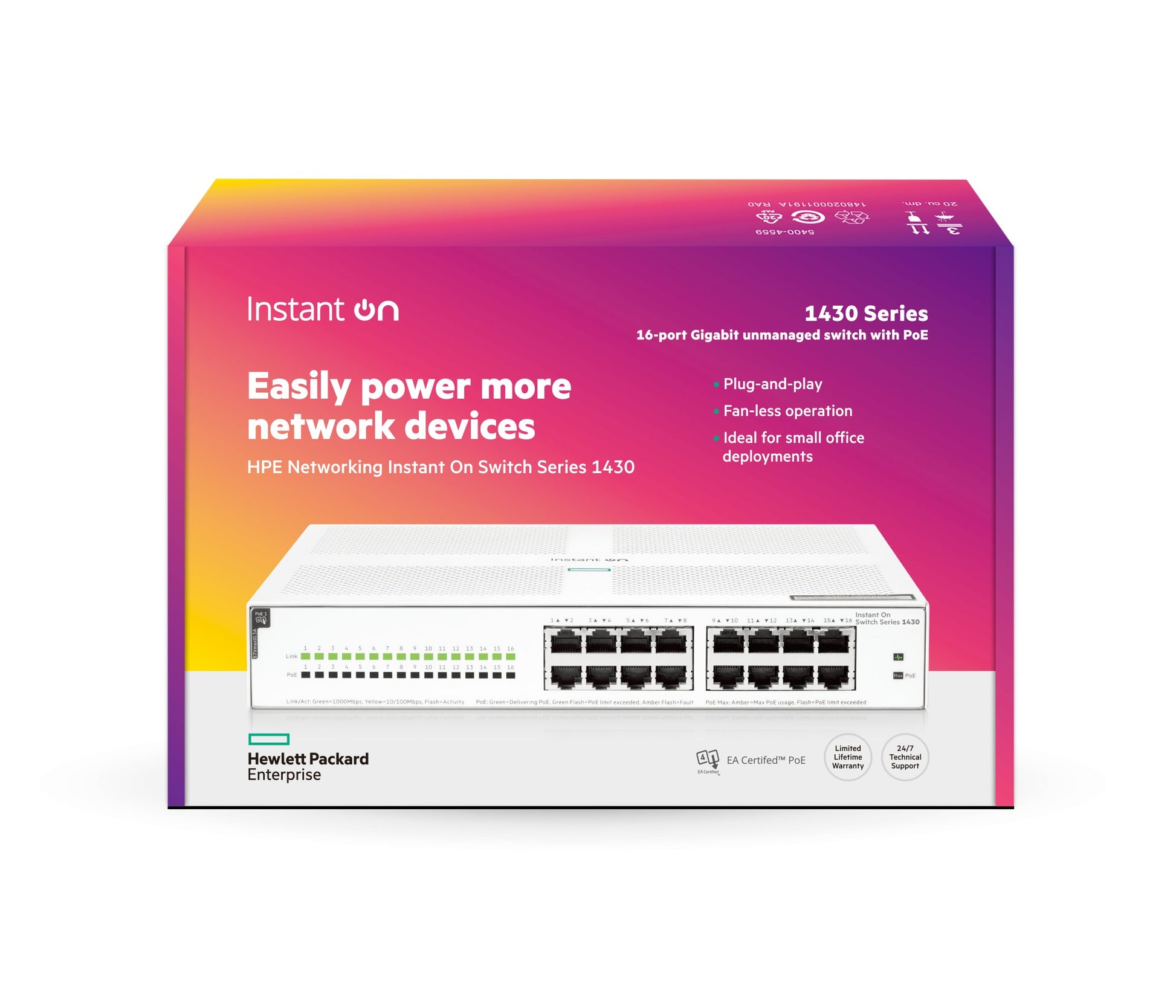 HPE Aruba 1430 16G R8R48A – Switch – 16×GbE, L2, PoE+ 124 W, 1U, Weiss