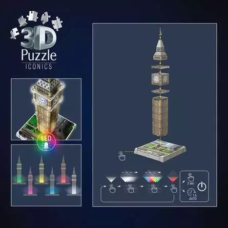 Ravensburger 3D Puzzle Iconics Big Ben – mit Licht – 216 Teile – 20,9 × 20,9 × 44 cm – ab 8 Jahren – FSC