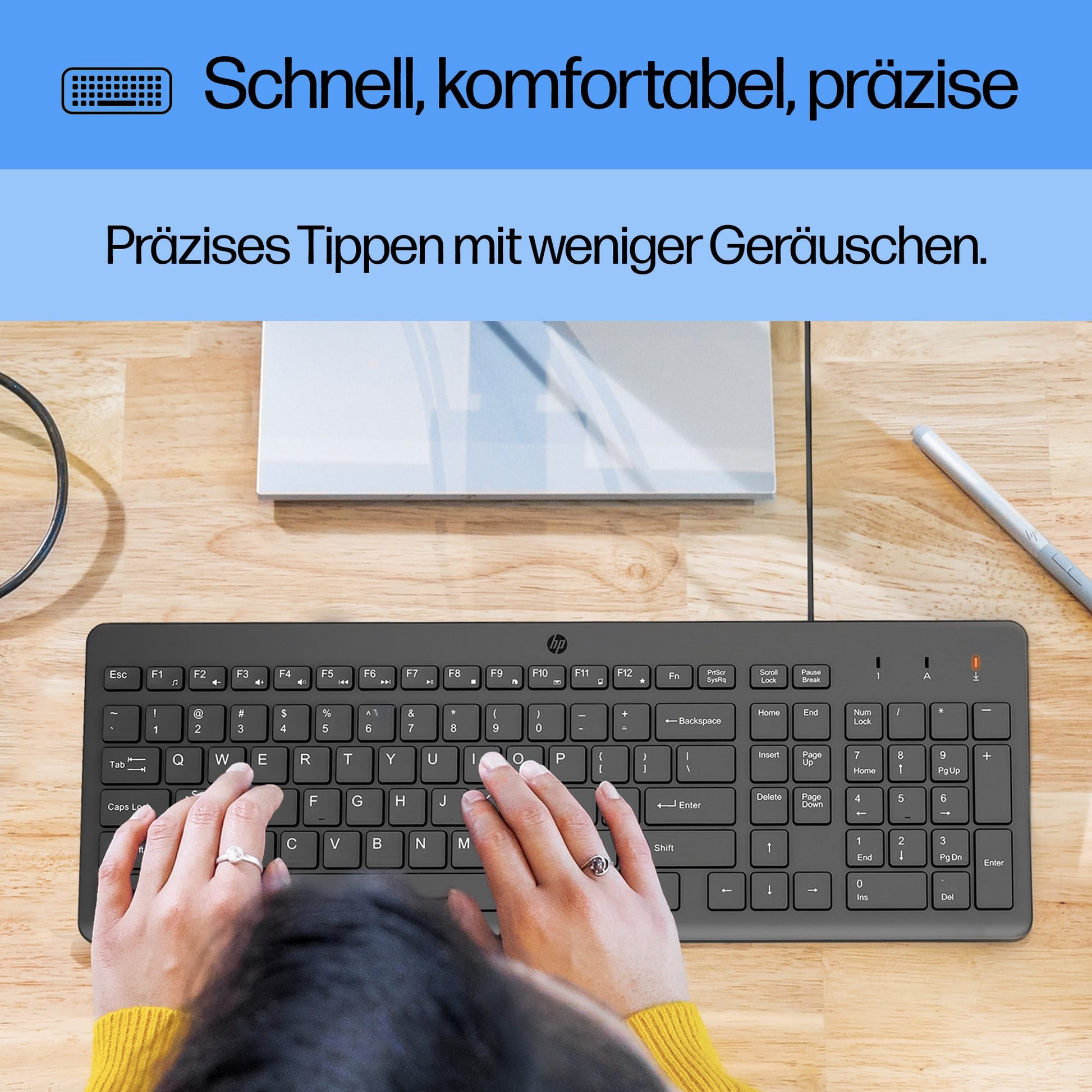 HP 150 – Tastatur, kabelgebunden (USB-A), Fullsize (mit Ziffernblock), schwarz – für Windows 10 & Windows 11