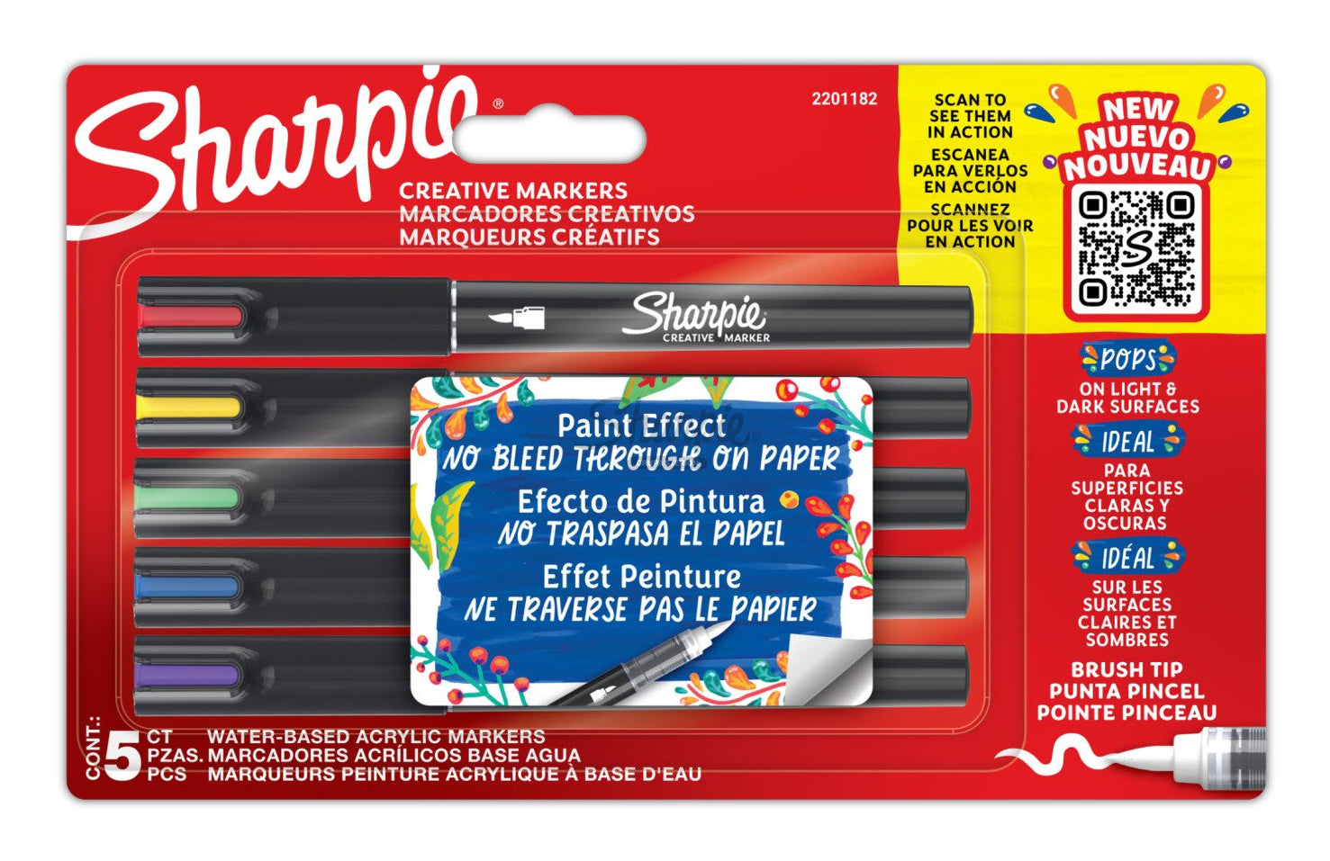 Sharpie Acrylmarker Creative – Pinselspitze 1,2-2,5 mm – Sortiert – 5er-Set – Für dunkle Oberflächen geeignet