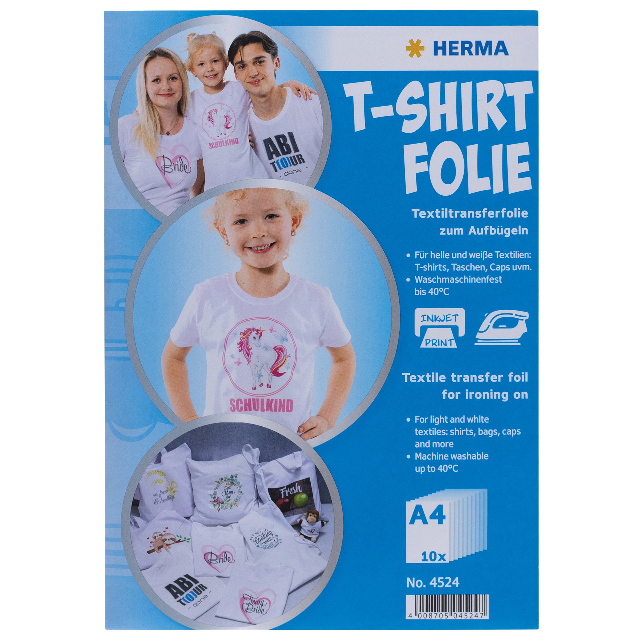 HERMA Aufbügelfolie Weiss – matt, A4, Inkjet, für helle Textilien, 20 Blatt