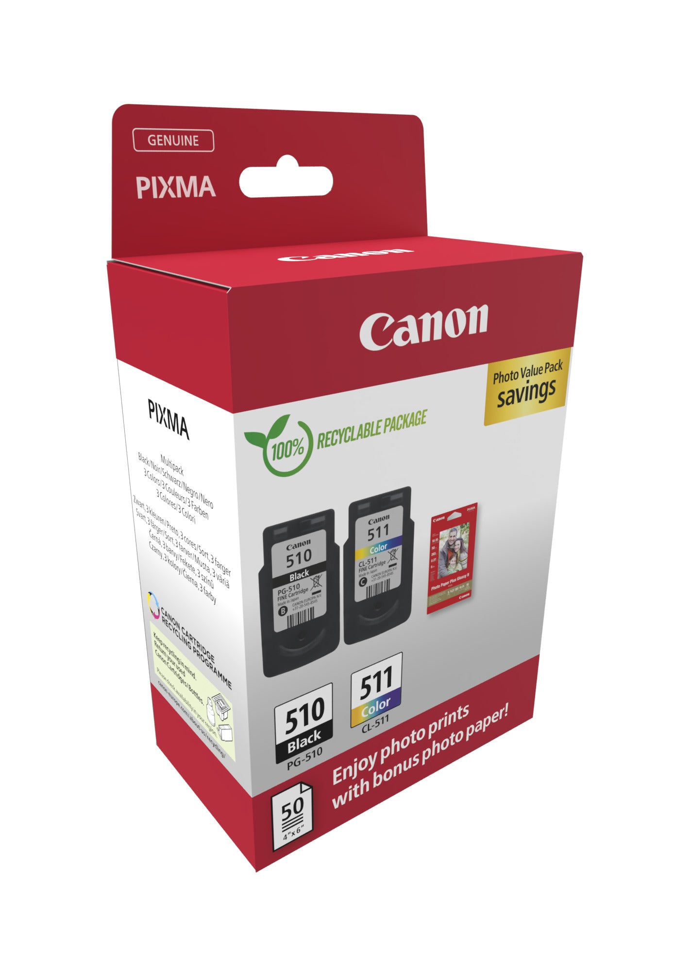 Canon Tintenpatronen-Multipack PG-510/CL-511 Photo Cube, mit Fotopapier (50 Blatt) – für Inkjetdrucker