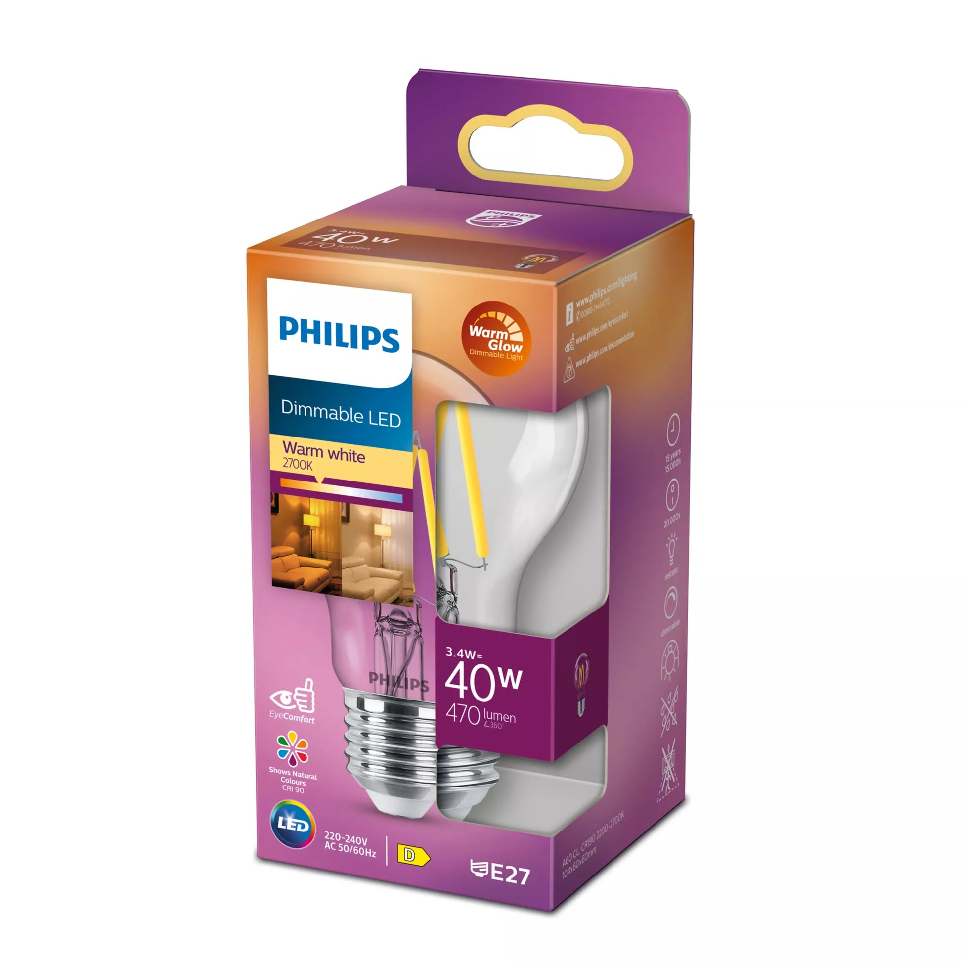 Philips by Signify Philips LED-Leuchtmittel E27 A-Form – Warmweiss 2200–2700 K, 470 lm, 3,4 W, dimmbar – Transparent/Glas – 1 Stk