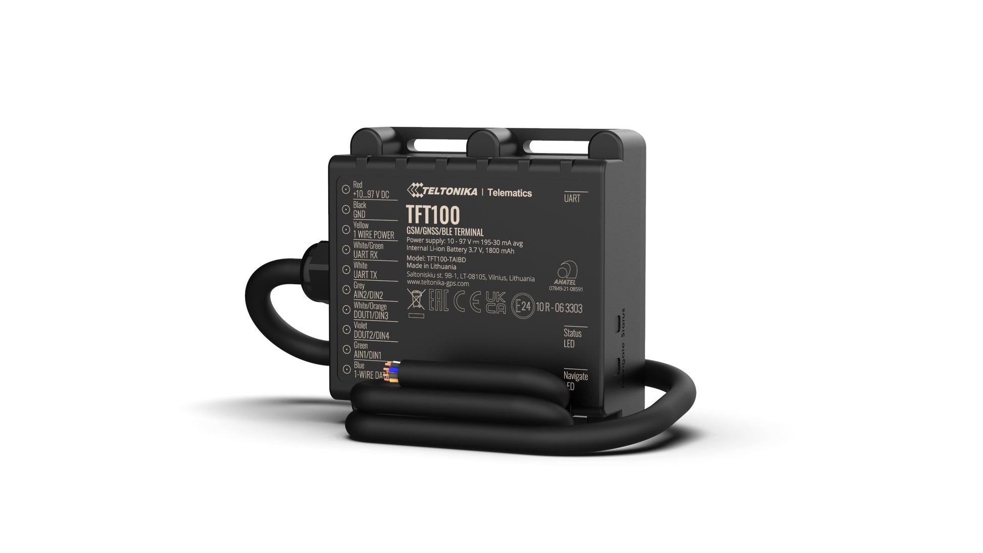 Teltonika TFT100 CAN – Motorrad-Tracker, 2G (800/900/1800/1900 MHz), Single-SIM, IP67, 1800 mAh, Schwarz