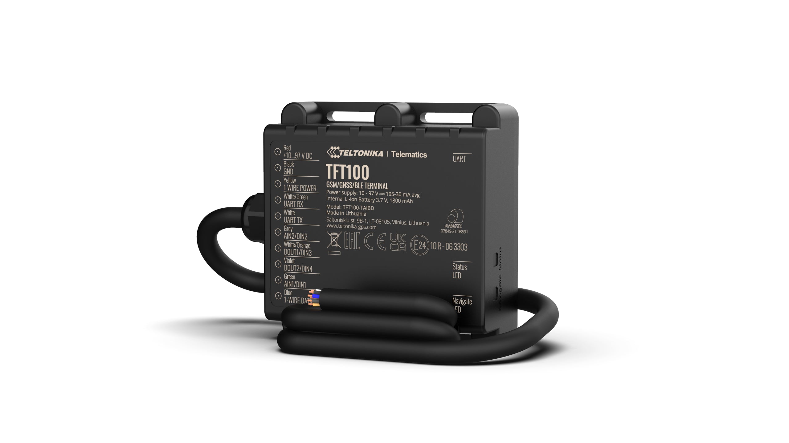 Teltonika TFT100 CAN – Motorrad-Tracker, 2G (800/900/1800/1900 MHz), Single-SIM, IP67, 1800 mAh, Schwarz