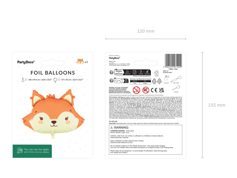 PartyDeco Folienballon Fuchs – Orange/Beige – 57 × 42 cm – Folie – 1 Stk