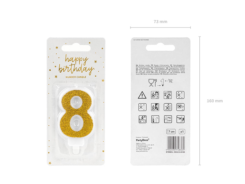 PartyDeco Geburtstagskerzen Zahl 8 – Gold – 3 × 7 cm – 1 Stk