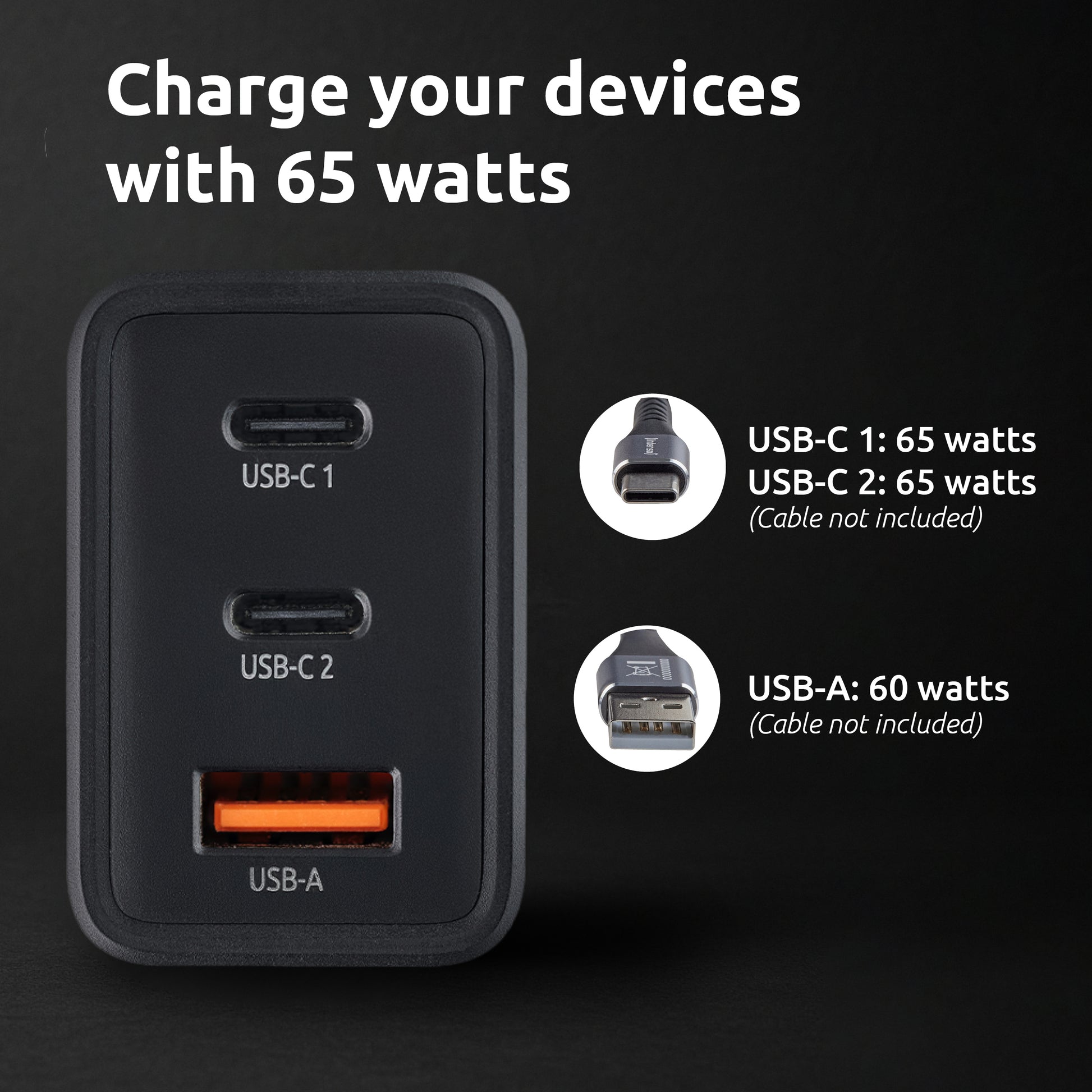 Intenso W65ACC USB-Wandladegerät 65 W – USB-C×2, USB-A×1 – GaN, Schwarz