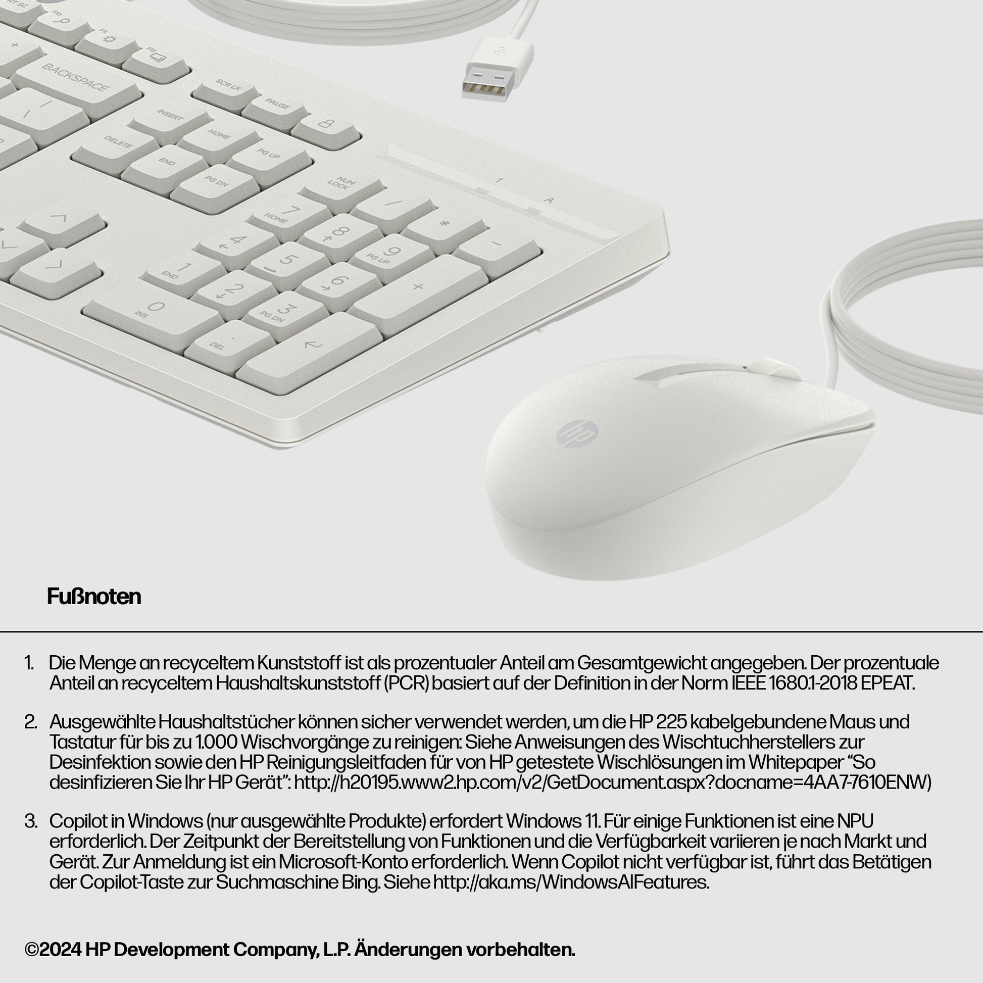 HP 225 – Tastatur-Maus-Set – kabelgebunden – USB – weiss