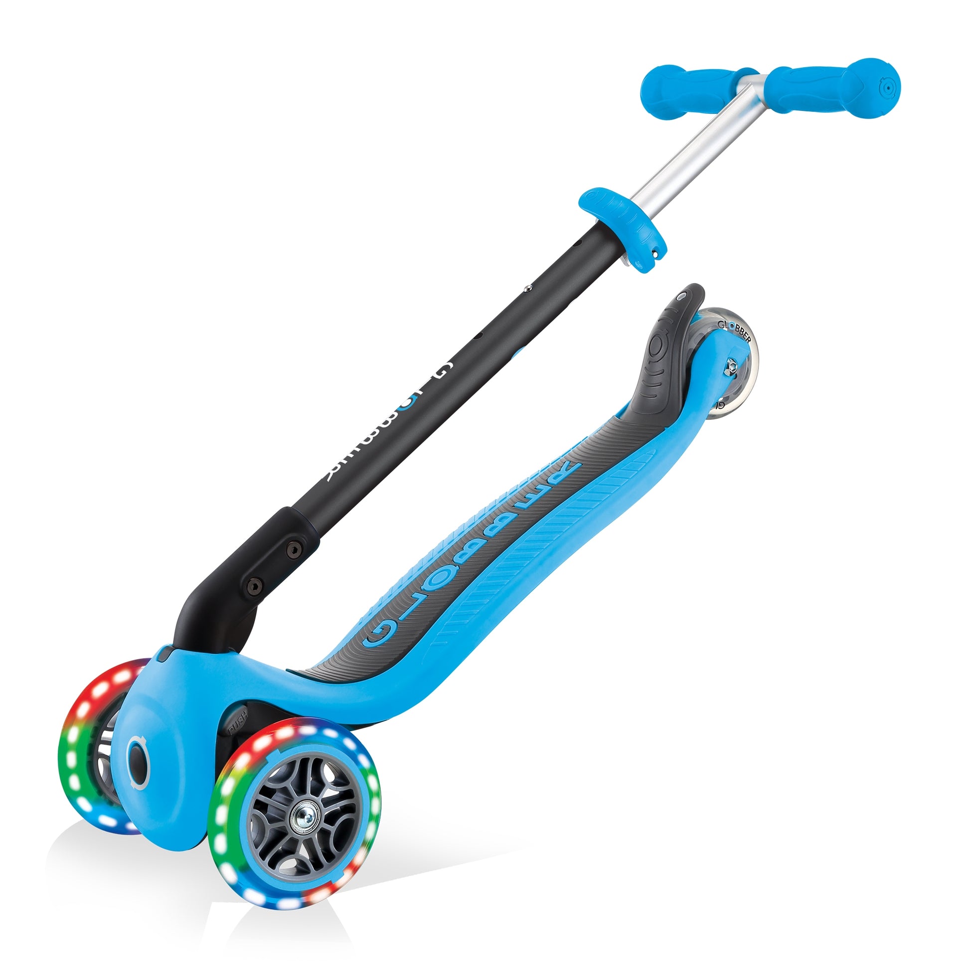 Globber GO UP Foldable Plus Lights Dreiradroller – faltbar, höhenverstellbar – hellblau – ab 1,2 J. – 50 kg