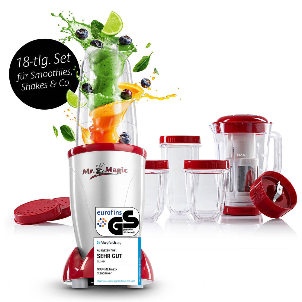 Gourmetmaxx Smoothie-Mixer Mr. Magic – 0,75 l, 400 W, spülmaschinenfest – rot/silber