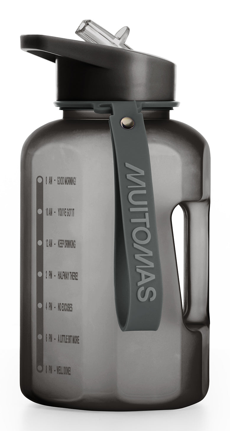 Muitomas Motivationstrinkflasche 1,2 l – Kunststoff, mit Strohhalm, Schwarz