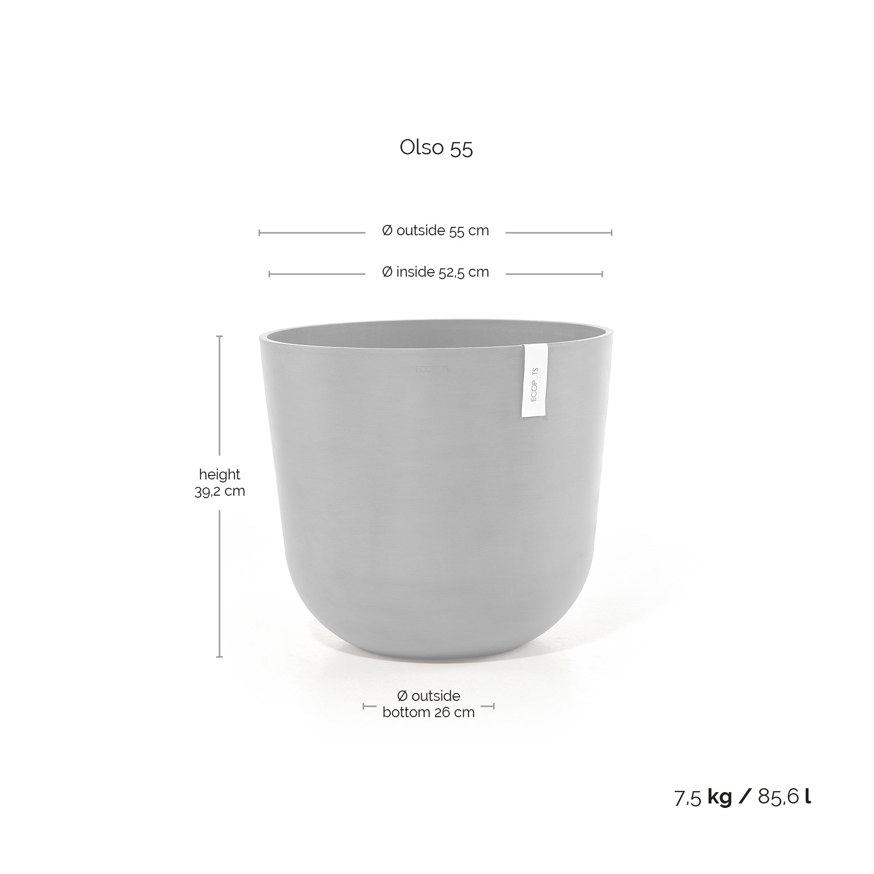 Ecopots Pflanzentopf – Ø 55 × 47,9 cm – Recycling-Kunststoff, Taupe