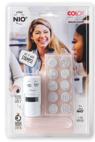 Colop Little NIO – Selbstfärbender Motivstempel, 10 Motive (Englisch), Ø 17 mm – Grau