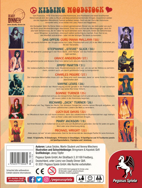 Pegasus Deadly Dinner – Killing Woodstock – Brettspiel, 7–10 Spieler, ab 16 Jahren, 240 Min., DE