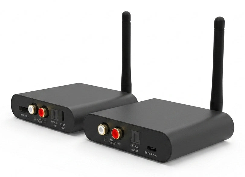 Marmitek Audio Anywhere 730 – Kabelloses Audio-Extender-Set, 1× HDMI Eingang, RCA/Toslink, 100 m, Stereo, HDMI ARC
