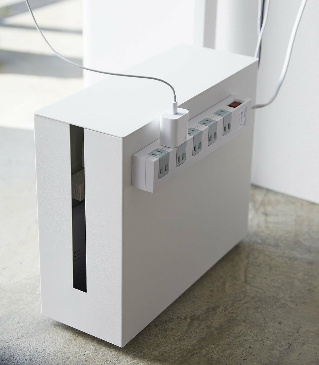 Yamazaki TOWER Kabelbox – Metall – Weiss – mit Rollen – 400 × 345 × 150 mm