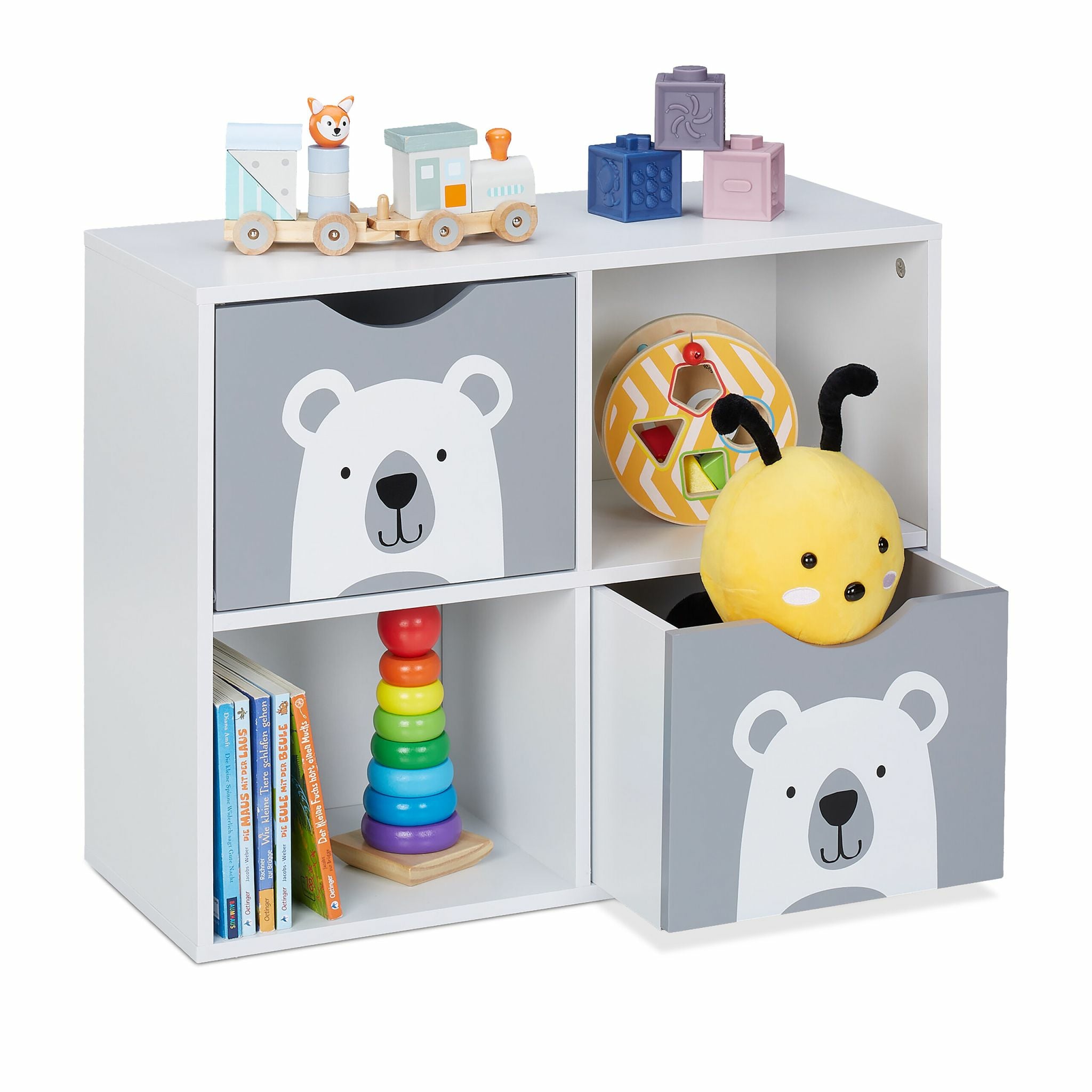 Relaxdays Freistehendes Büro-/Lagerregal, Kinderregal Bär – 4 Böden – 60 × 24,5 × 48 cm – Grau/Weiss – MDF