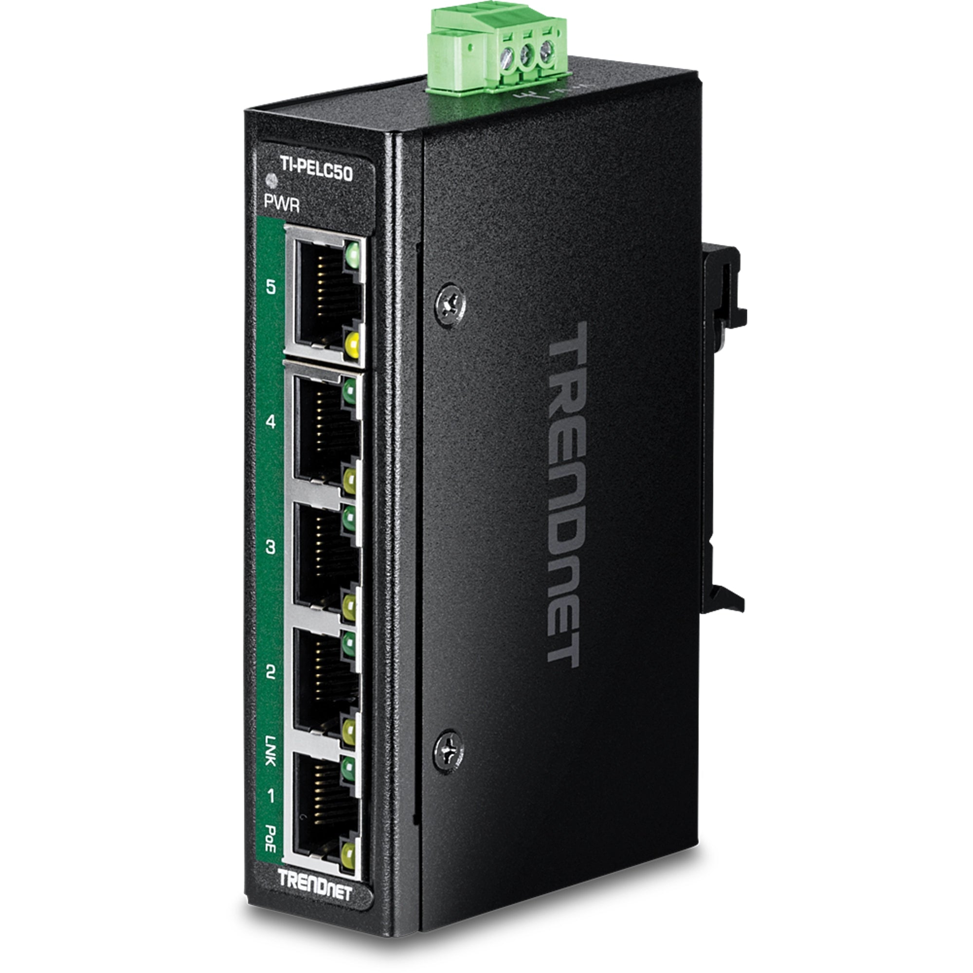 Trendnet TI-PELC50 – Unmanaged Switch – 4× 10/100 PoE+, 1× 10/100, PoE-Budget 90 W, DIN-Schiene