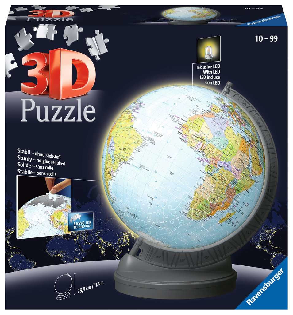 Ravensburger 3D Puzzle – Globus mit LED-Licht, 548 Teile, ab 10 Jahren, Mehrsprachig (d/f/i/e)