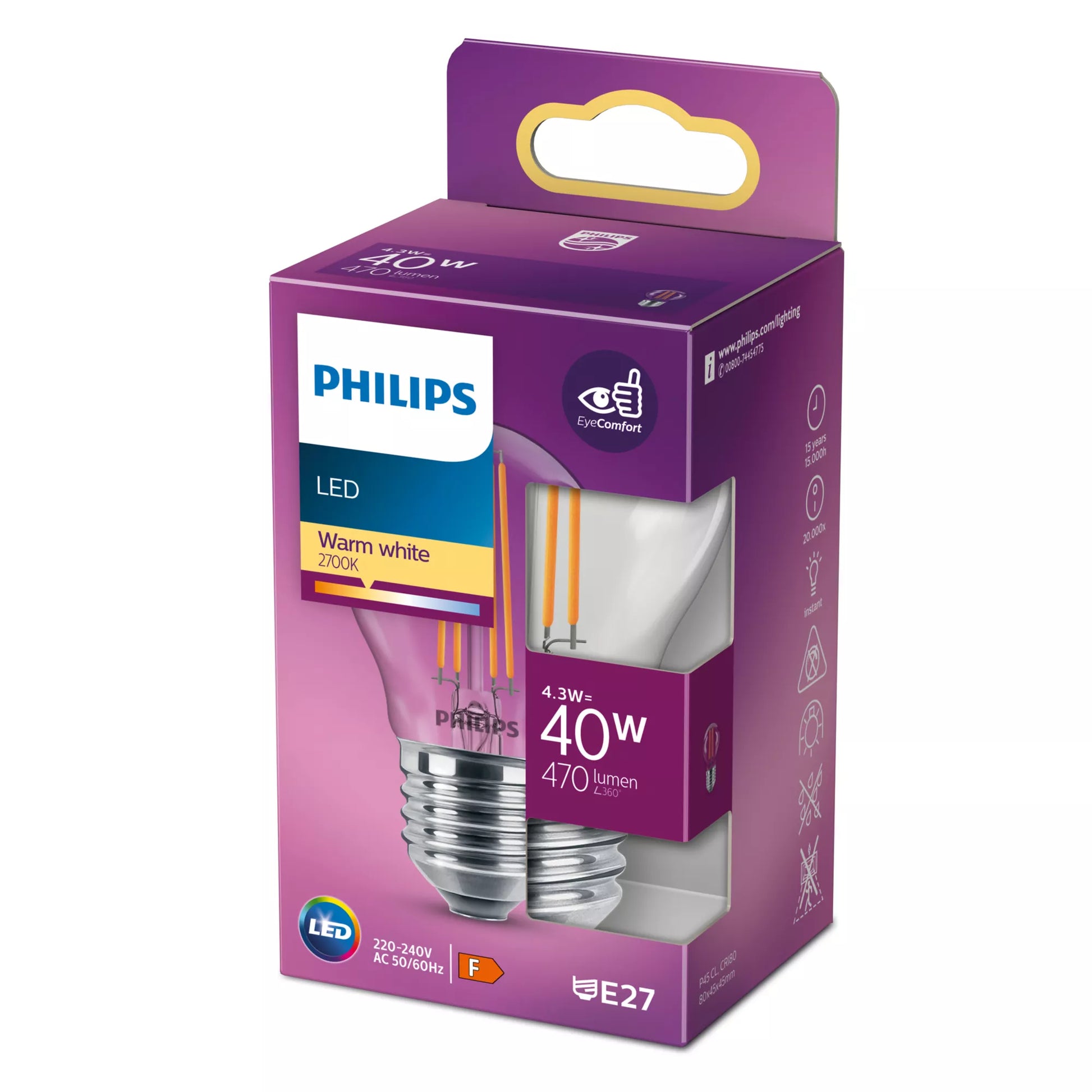 Philips by Signify Philips LED-Leuchtmittel E27 P45 – Warmweiss 2700 K, 470 lm, 4,3 W – 1 Stk., Transparent