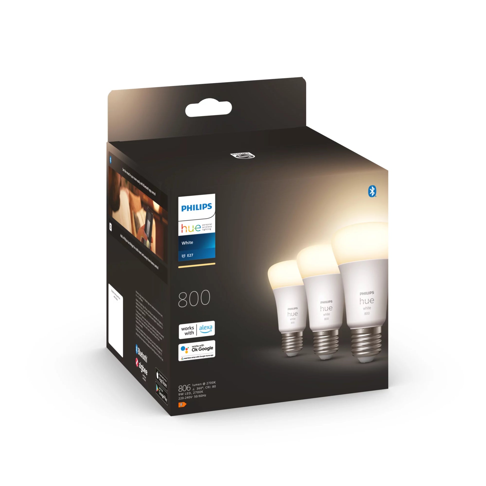 Philips by Signify Philips Hue Smart-Leuchtmittel E27 A60 – Warmweiss 2700 K, 800 lm, 9 W, Bluetooth, Zigbee – IP20 – 3 Stk.