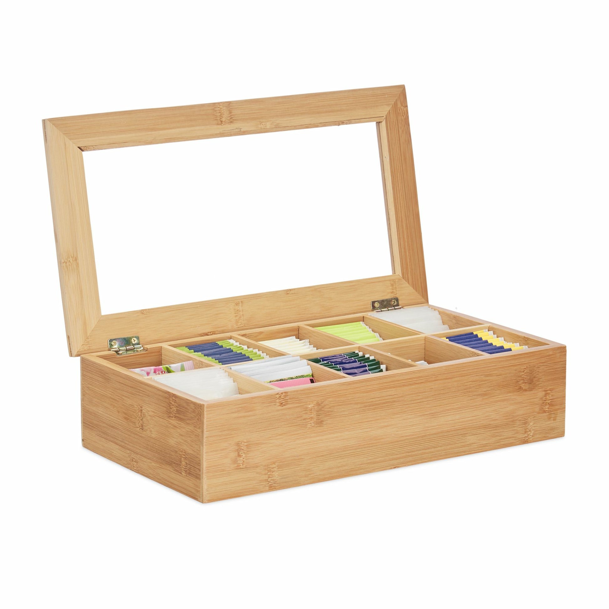 Relaxdays Teebeutelbox Bambus/Kunststoff/Faserplatte, 10 Fächer, 36,5 × 20 × 9 cm