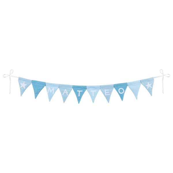 Goki Buchstabenwimpelkette – 1,5 m – Wimpel 7,5 × 10 cm – Stoff, blau