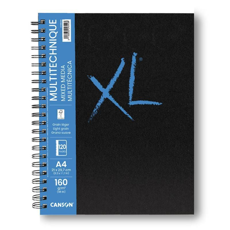 Canson Spiral-Skizzenbuch XL Mixed Media – A5 – 160 g/m² – Spiral – 60 Blatt – Schwarz/Blau – für Mixed Media