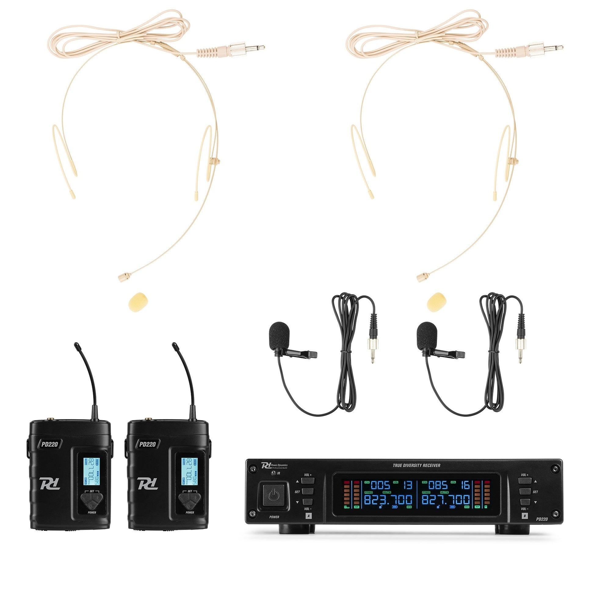 Power Dynamics PD220B Funkmikrofonsystem 2er-Set – 6,35 mm Klinke/XLR, Kabellos (823–832 MHz), Niere, Schwarz