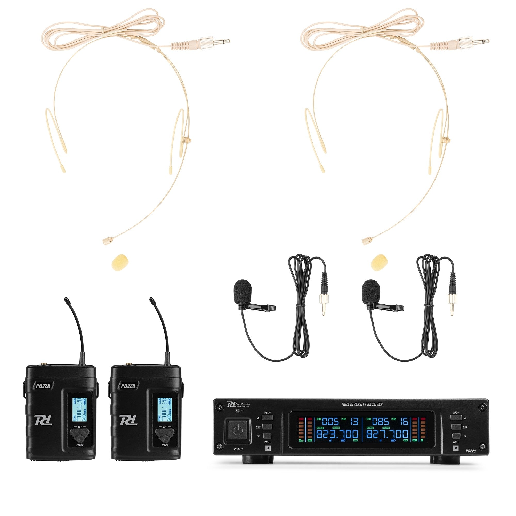 Power Dynamics PD220B Funkmikrofonsystem 2er-Set – 6,35 mm Klinke/XLR, Kabellos (823–832 MHz), Niere, Schwarz