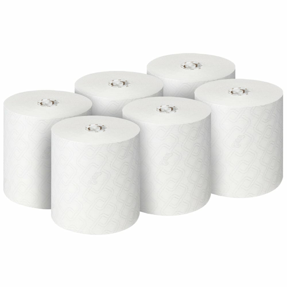 SCOTT Handtuchrolle – 1-lagig, Weiss – 198 × 350 m – Kern Ø 112 mm – Sack 6 Rollen – FSC, EU Ecolabel