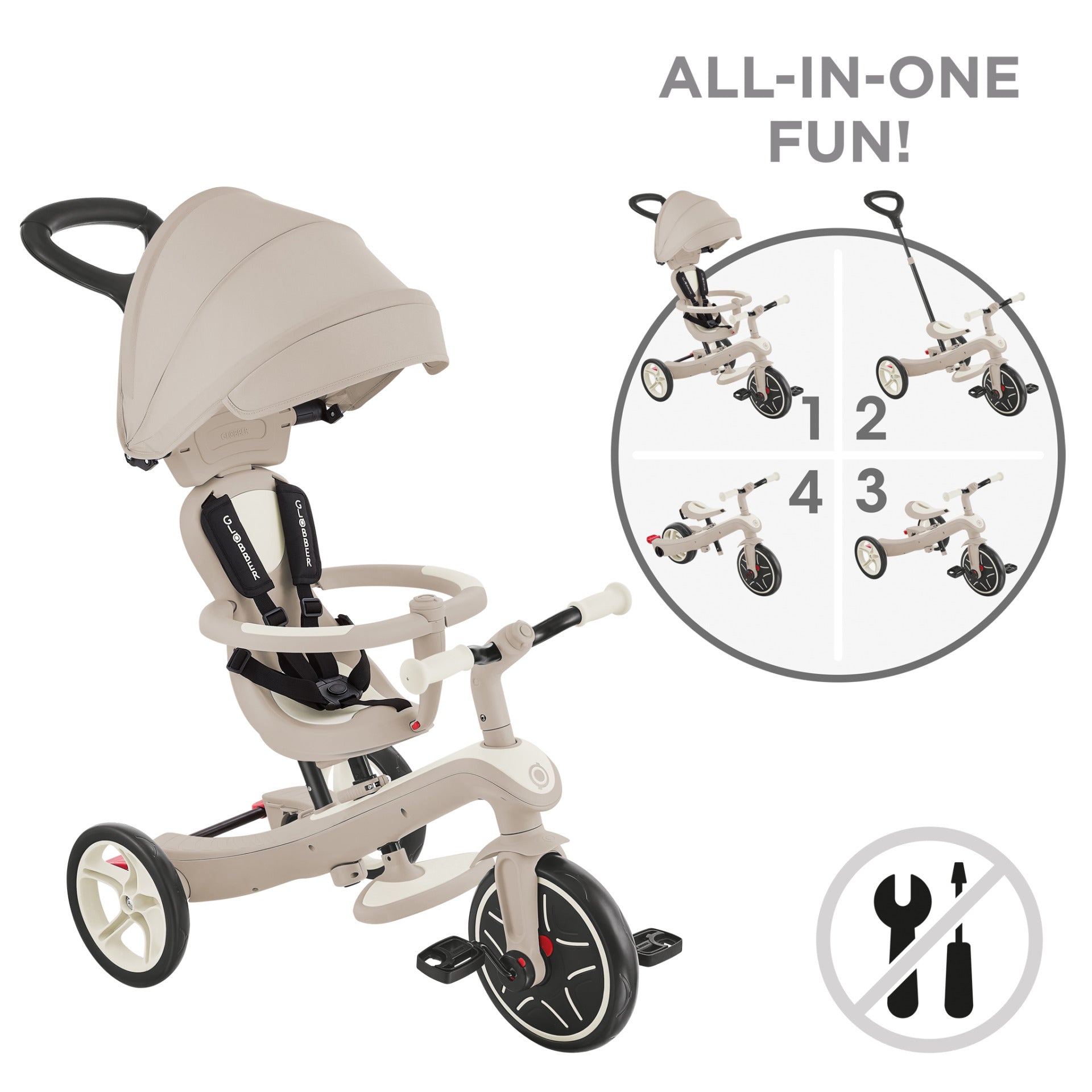 Globber Explorer 4-in-1 Ecologic Dreirad – Ø 25,4 cm – ab 10 Monaten – beige – Polycarbonat – max. 20 kg