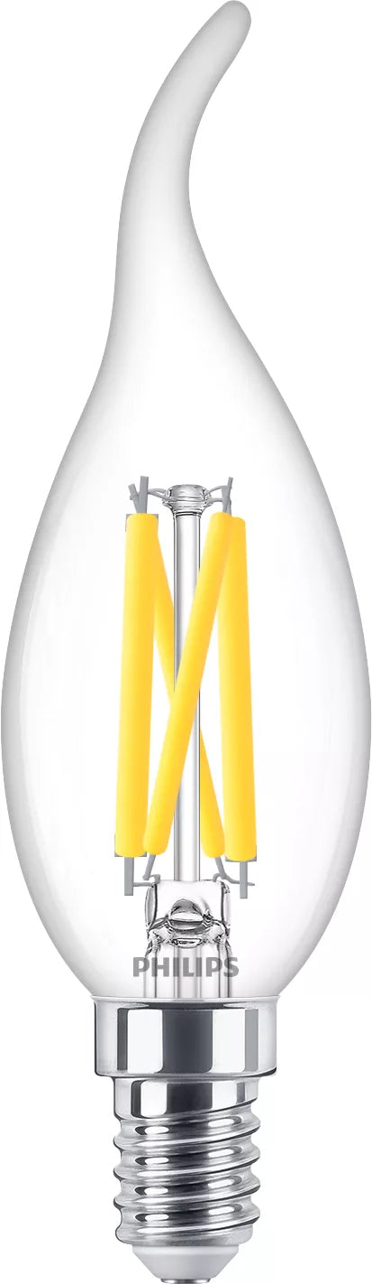 Philips by Signify Philips Leuchtmittel E14 Kerze – Warmweiss 2200–2700 K, 470 lm, 3,4 W, dimmbar – 1 Stk., Transparent, Glas