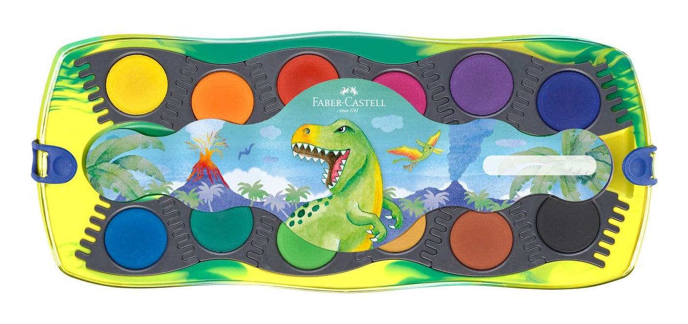 Faber-Castell Connector Dino Deckfarbkasten – Mehrfarbig – 12 Farben – inkl. Tube Deckweiss