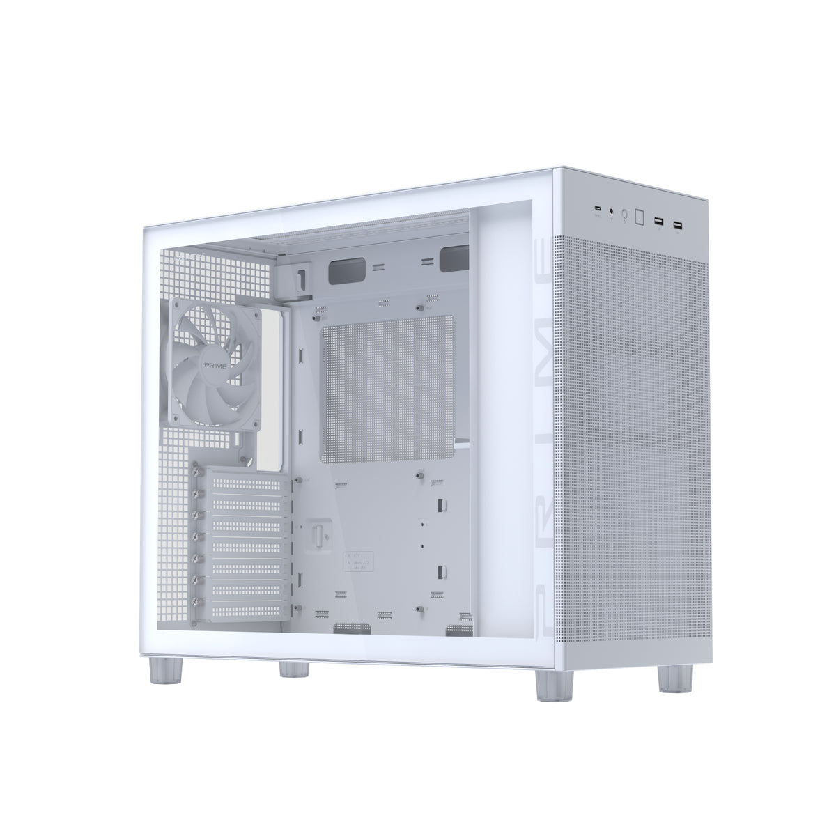 ASUS PRIME AP303 TG Weiss – PC-Gehäuse – micro-ATX/Mini-ITX/ATX, Seitenfenster, 360 mm Radiator oben, 36 cm GPU