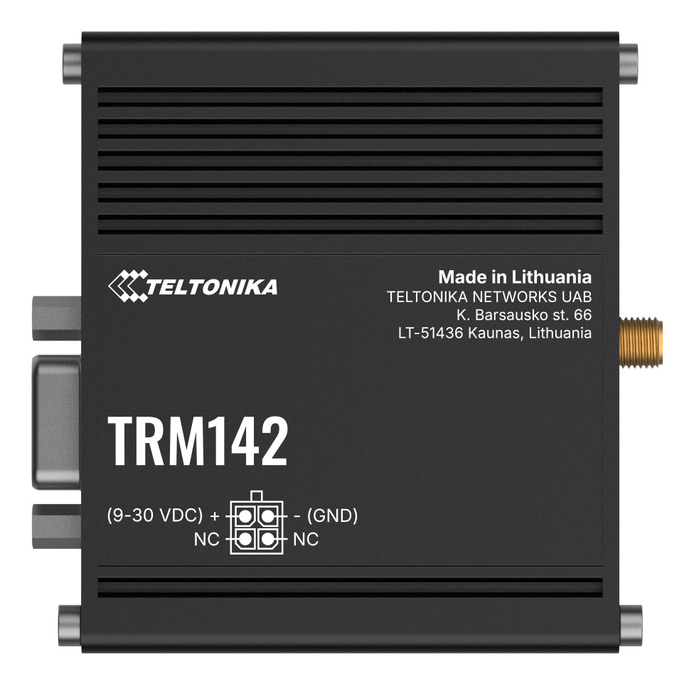 Teltonika TRM142 – 4G Modem, 2G/3G/4G, RS‑232 & Micro‑USB, Mini‑SIM, 9–30 V DC, Schwarz