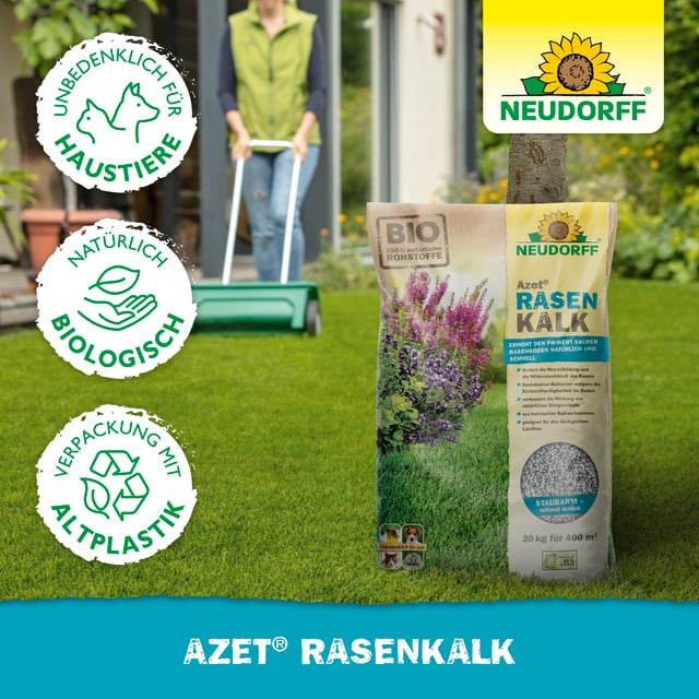 Neudorff Azet RasenKalk – Mehrnährstoffdünger, 5 kg, Granulat, Bio, ausreichend für 100 m², für Rasengras