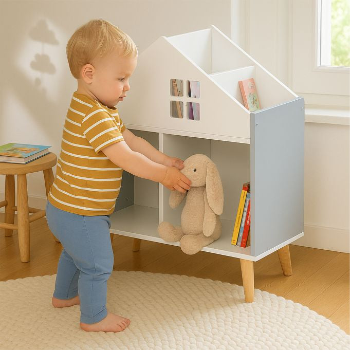 Relaxdays Kinderregal Haus – freistehend – 6 Böden – 60 × 30 × 65,7 cm – MDF – grau/weiss