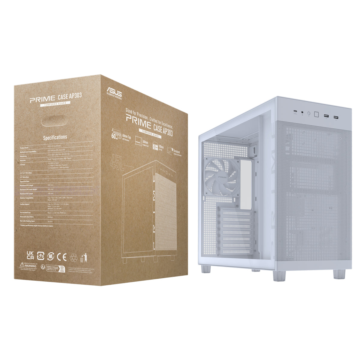 ASUS PRIME AP303 TG Weiss – PC-Gehäuse – micro-ATX/Mini-ITX/ATX, Seitenfenster, 360 mm Radiator oben, 36 cm GPU