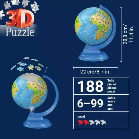 Ravensburger 3D-Puzzle Globus (Landkarte) – 180 Teile – Ø 26,5 cm – mit LED-Licht – ab 6 J. – Kunststoff – FSC