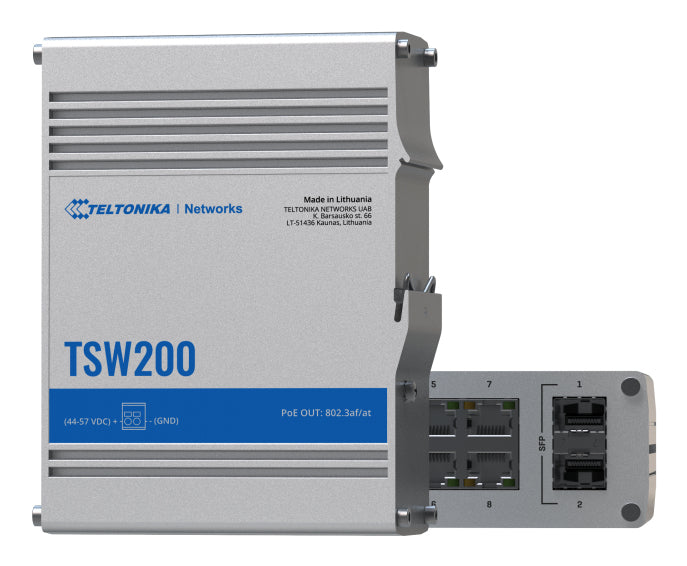 Teltonika TSW200 – Unmanaged Switch – 8× 1G, 2× SFP, PoE+, PoE-Budget 240 W, 19"