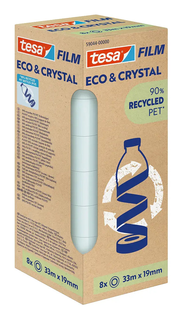 TESA Büro-Klebeband eco & crystal – permanent, PET, 19 mm × 33 m, transparent, 8 Rollen