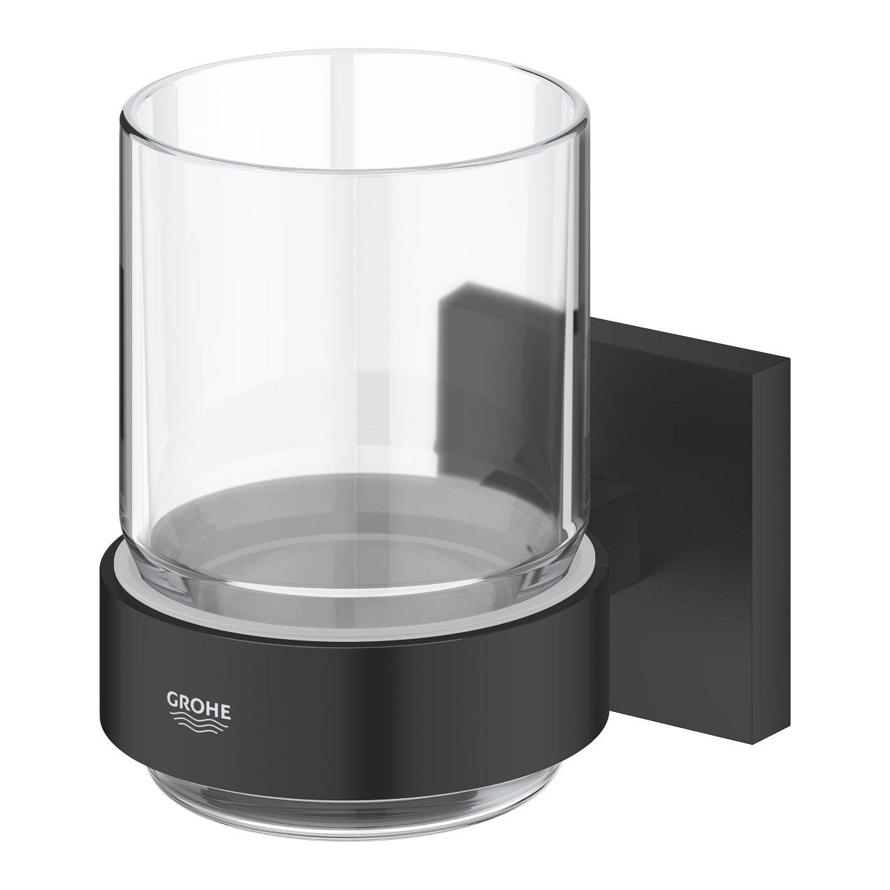 GROHE Start Cube Zahnputzbecher – 13,5×10,6×10,6 cm, Metall/Glas, inkl. Halterung, Transparent/Schwarz