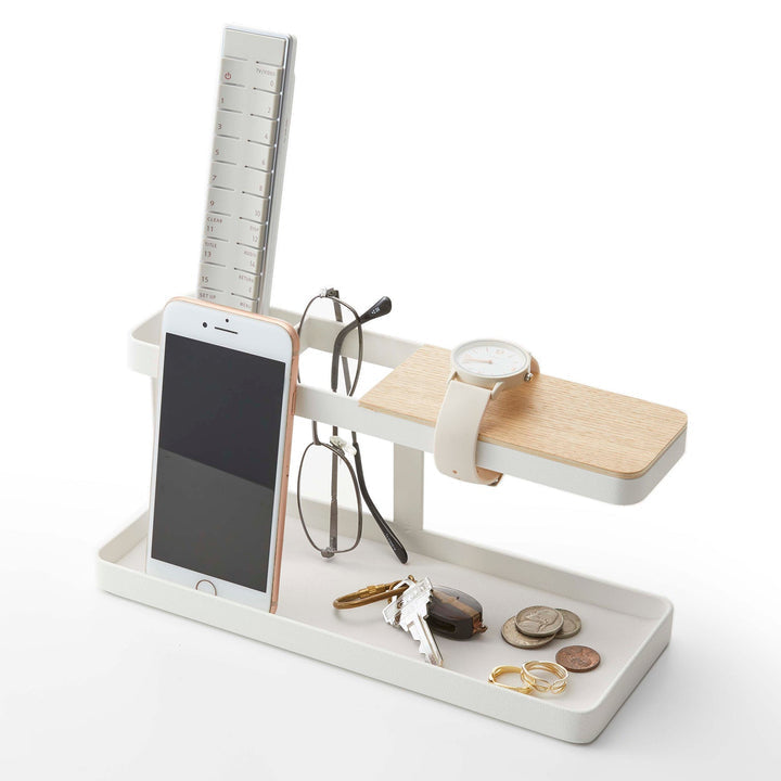 Yamazaki Utensilienbox – 2 Fächer, weiss/natur, Stahl/Holz, B 245 × H 113 × T 97 mm
