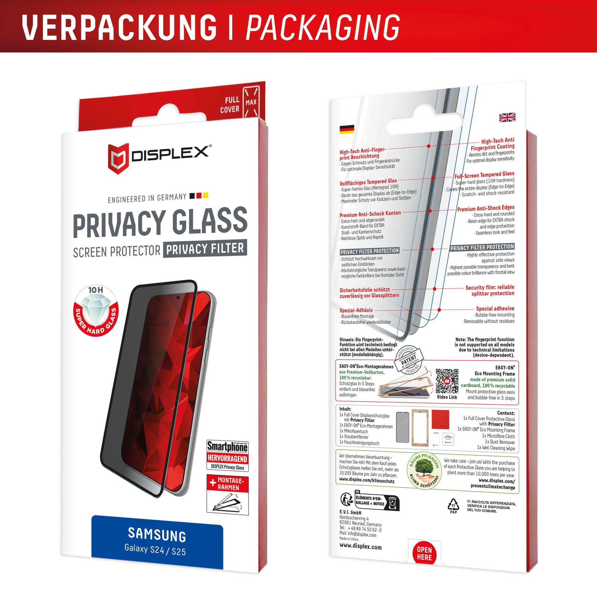 Displex Privacy-Filter (Panzerglas), Full Cover – für Galaxy S24/S25 – mit Applikator