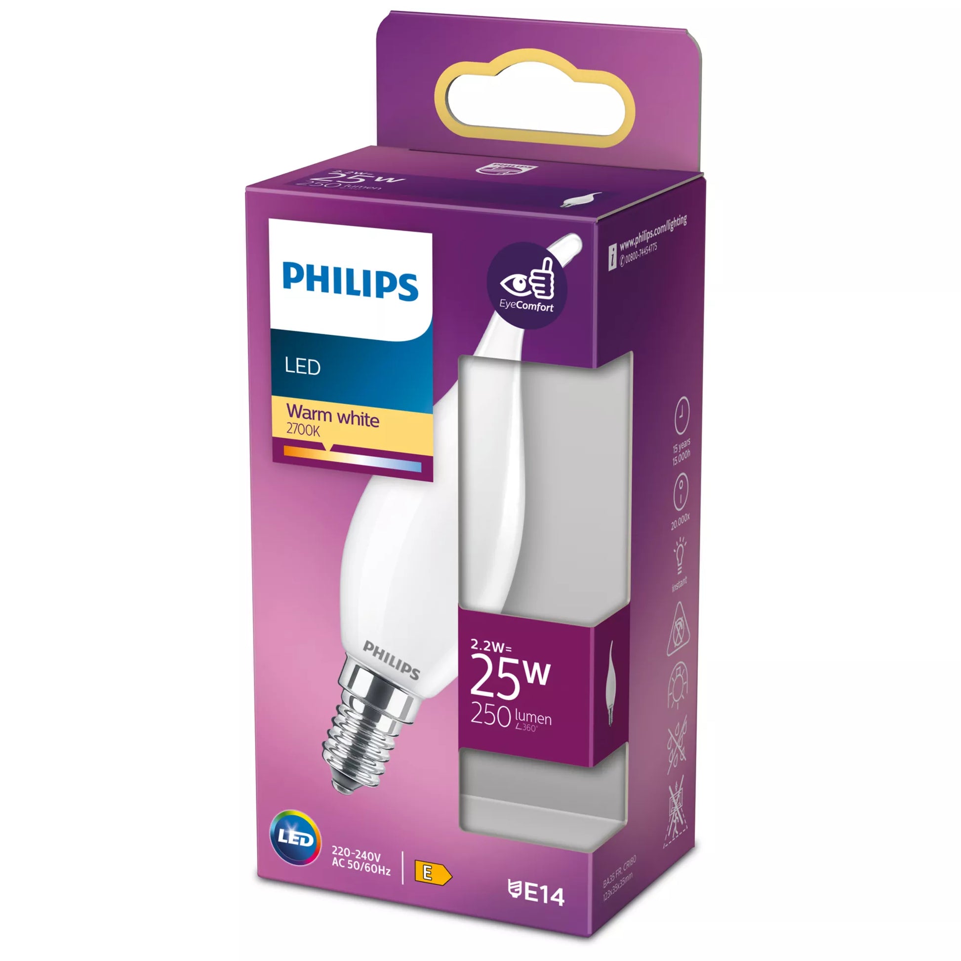 Philips by Signify Philips LED-Leuchtmittel BA35 E14 – Warmweiss 2700 K, 250 lm, 2,2 W – 1 Stk. – Weiss, Glas