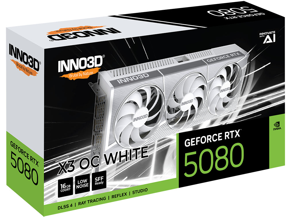 Inno3D GeForce RTX 5080 X3 OC Weiss – PCIe Grafikkarte – 1×HDMI, 3×DisplayPort, PCIe 5.0, 3×8‑pin, 850 W