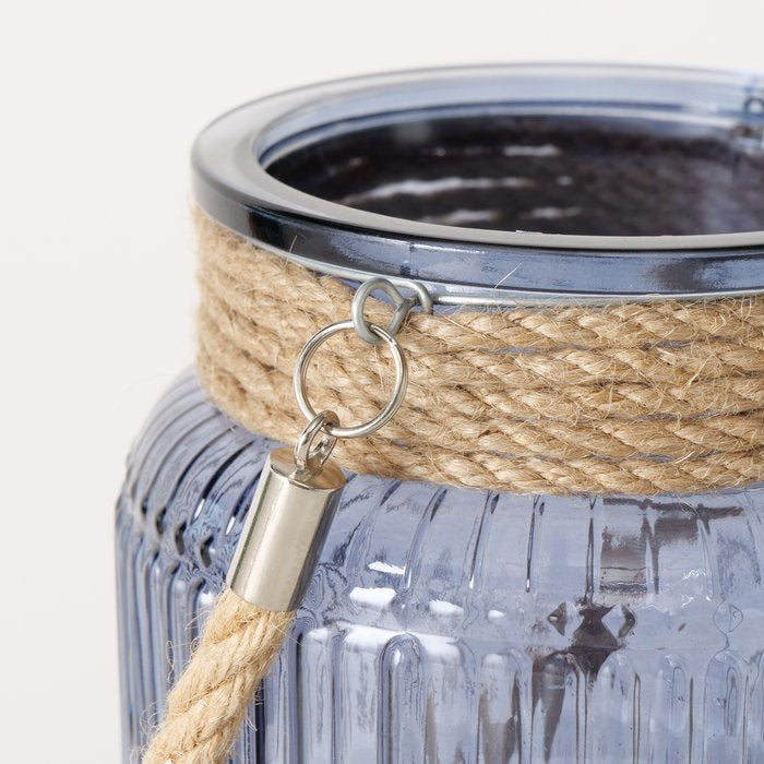 Boltze Windlicht – Glas & Jute & Textil, blau – Ø 13,5 × 21 cm